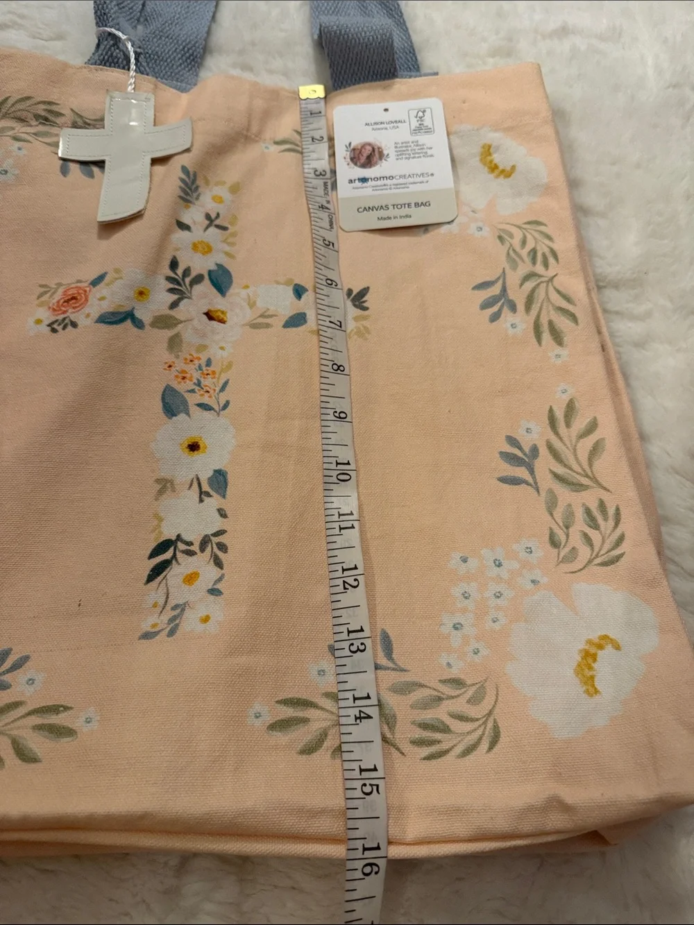 NWT, Peach Floral Cross Tote Bag with Blue Handles